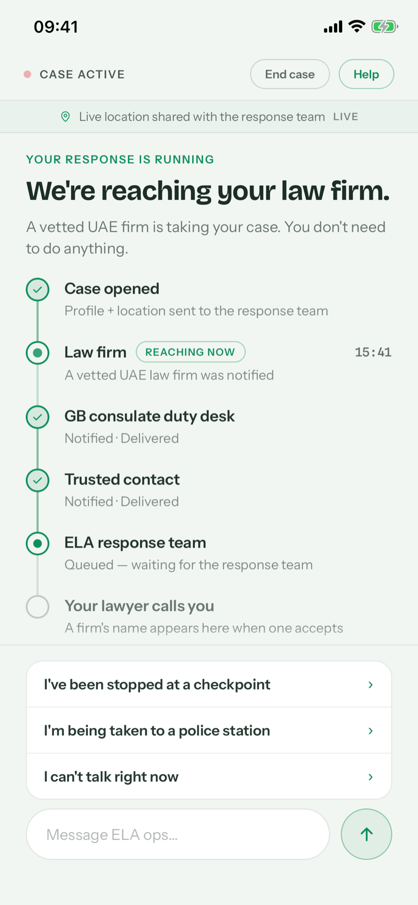 Example app screen: Case active. We're reaching your law firm. Milestones listed: case opened, law firm reaching now, consulate duty desk notified and delivered, trusted contact notified and delivered, ELA response team queued.