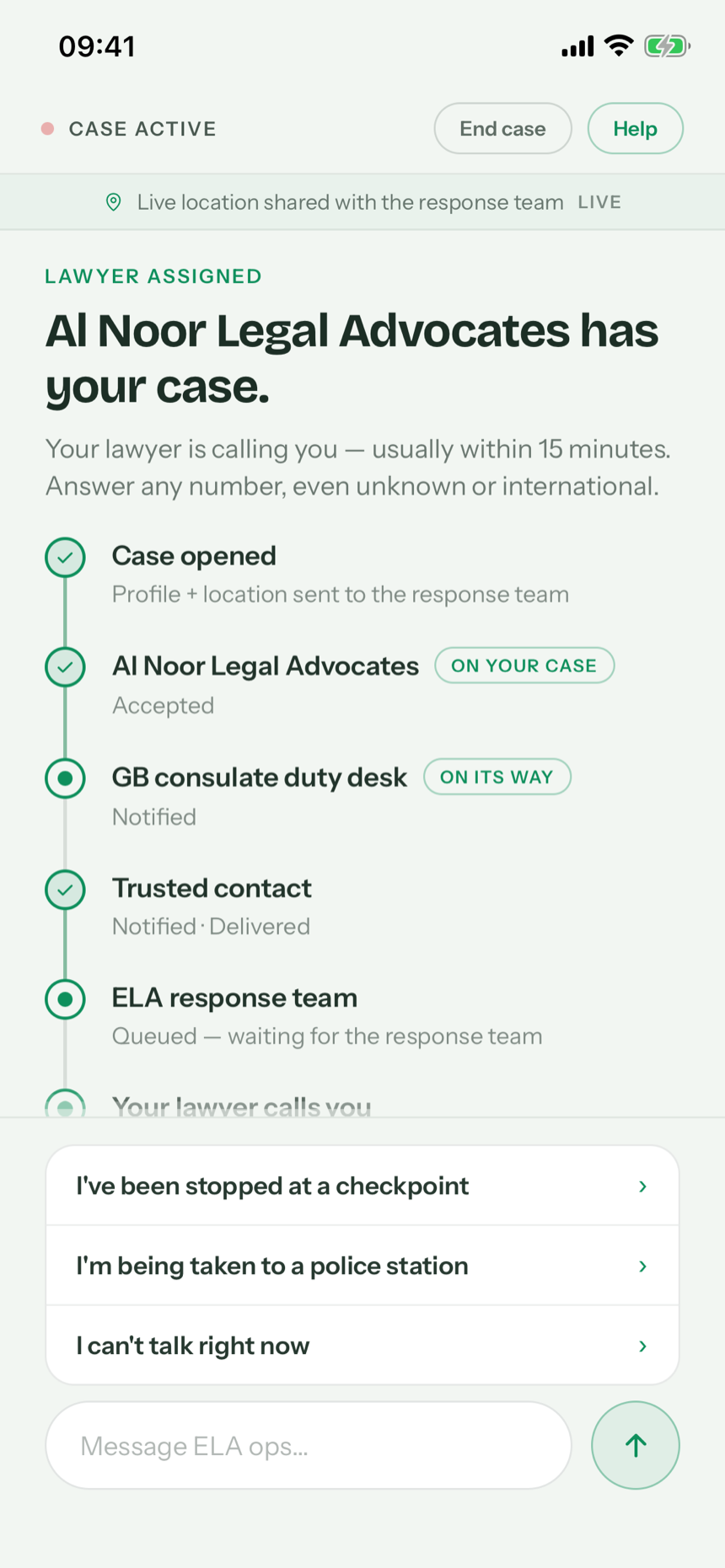 Trusted contact live page showing the acting lawyer and each milestone