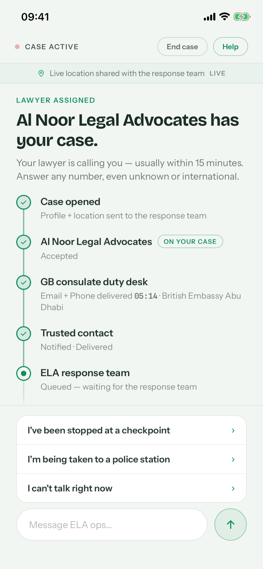 Example app screen: Lawyer assigned. Al Noor Legal Advocates has your case. Milestones: case opened, firm accepted and on your case, consulate duty desk email and phone delivered, trusted contact notified and delivered, ELA response team queued.