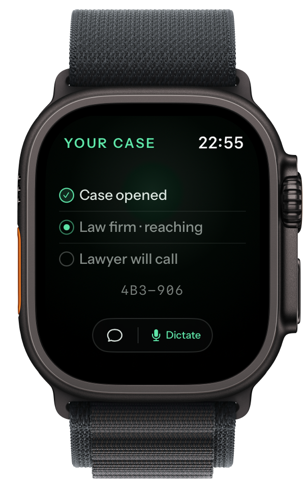 Apple Watch showing an open ELA case: case opened, law firm reaching, lawyer will call