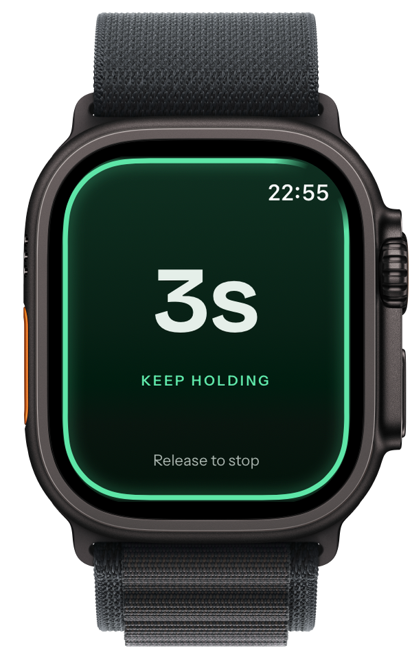 Apple Watch showing the ELA hold at 3 seconds with the label Keep holding
