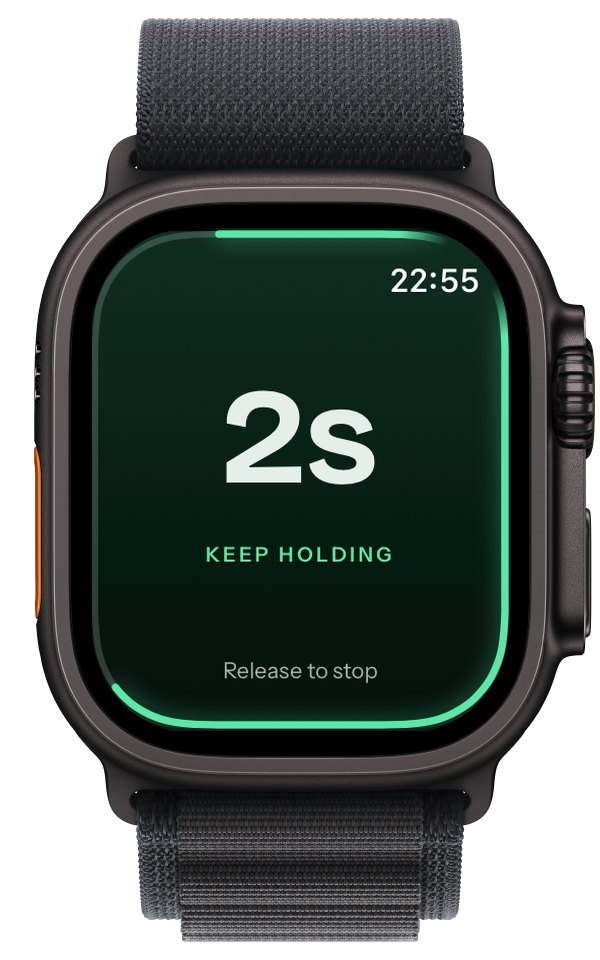 Apple Watch mid-hold: two seconds remaining, keep holding, release to stop